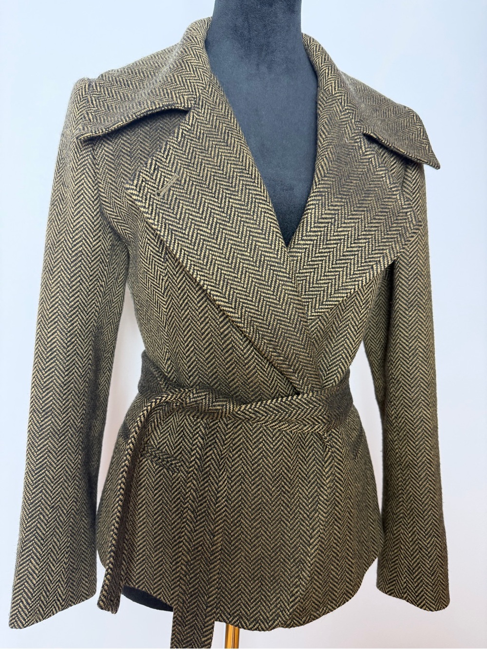 MaxMara Brown Herringbone Wrap Jacket Size 8 Wool/Cashmere - Picture 1 of 12